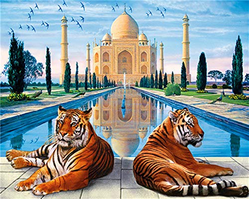 YEESAM ART DIY Ölgemälde Malen nach Zahlen Erwachsene Kinder, Zwei Tigers Taj Mahal Zahlenmalerei ab 5 Öl Wandkunst (Tigers, ohne Rahmen) von YEESAM ART