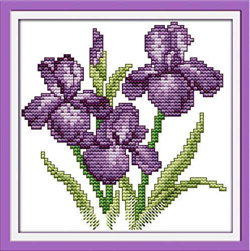 YEESAM ART Kreuzstich-Set, gestempelt für Erwachsene, Anfänger und Kinder, violette Blumen, 11 Ct, 21 x 21 cm, Stickerei-Set mit einfachen, Nadelspitze, Weihnachten (lila) von YEESAM ART