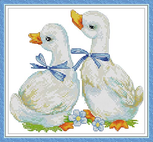 YEESAM ART Kreuzstich-Set für Erwachsene, Anfänger, Kinder, 1 Paar Enten 11 Ft, 34 x 32 cm, Stickerei-Set mit einfachen, lustigen vorgedruckten Mustern, Nadelspitze, Weihnachten (Enten) von YEESAM ART