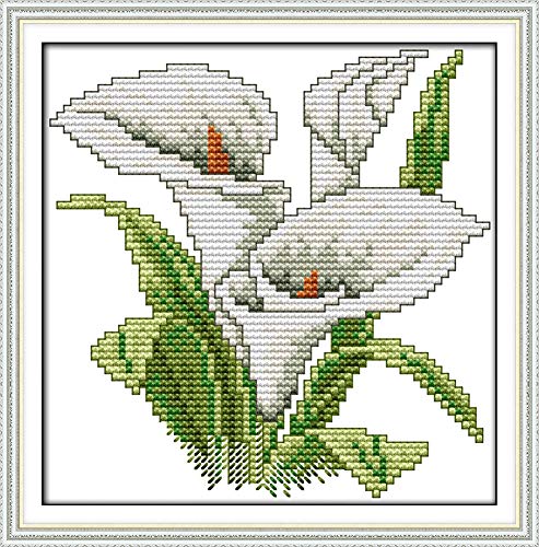 YEESAM ART Kreuzstich-Set für Erwachsene, Anfänger, Kinder, Calla-Lilie, weiße Blumen, 11 Ct, 21 x 21 cm, Stickerei-Set mit einfachen, lustigen vorgedruckten Mustern, Nadelspitze, Weihnachten (weiß) von YEESAM ART