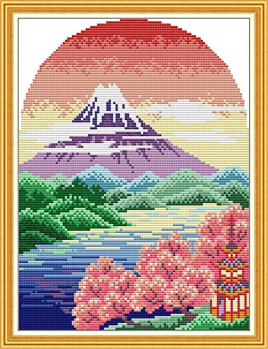 YEESAM ART Kreuzstich-Set für Erwachsene, Anfänger, Kinder, schöne Aussicht auf den Berg Fuji, Japan, 11 Ct, 32 x 40 cm, Stickerei-Set mit einfachen, lustigen vorgedruckten Mustern, Nadelspitze von YEESAM ART