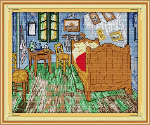 YEESAM ART Kreuzstich-Set für Erwachsene, Anfänger, Van Gogh's Schlafzimmer, vorgedruckt, 14 Karat, Stickerei-Starter-Set, einfaches Nähset, Heimdekoration von YEESAM ART