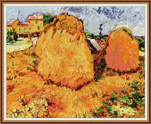 YEESAM ART Kreuzstich-Set für Erwachsene und Anfänger, Heuhaufen in der Provence von Van Gogh, vorgedruckt, 14 Karat, DIY-Stickerei-Starter-Set, einfaches Nähset, Heimdekoration von YEESAM ART