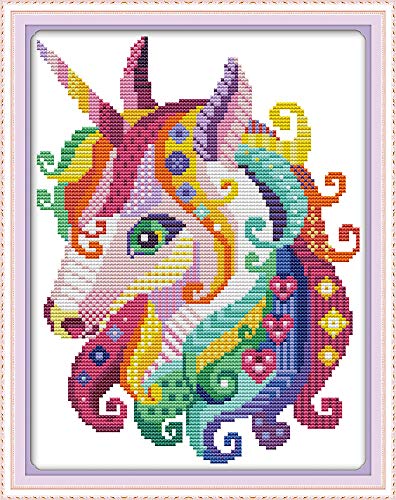 YEESAM ART Kreuzstich Stickerei Set für Erwachsene Anfänger Kinder, Einhorn Bunt Tier 11CT 28×39 cm Vorgedruckten DIY Stickerei Handarbeit Kits (Einhorn) von YEESAM ART