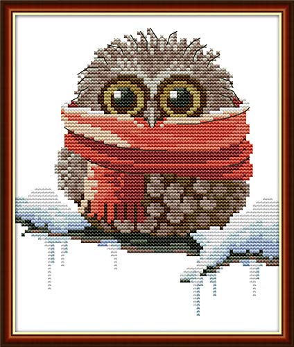 YEESAM ART Kreuzstich Stickerei Set für Erwachsene Anfänger Kinder, Eule Rot Schal Winter 11CT 24×28 cm Vorgedruckten DIY Stickerei Handarbeit Kits (Winter) von YEESAM ART