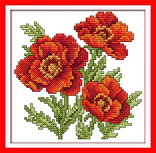 YEESAM ART Kreuzstich Stickerei Set für Erwachsene Anfänger Kinder, Rote Mohnblumen 11CT 22×21 cm Vorgedruckten DIY Stickerei Handarbeit Kits (Mohnblumen) von YEESAM ART