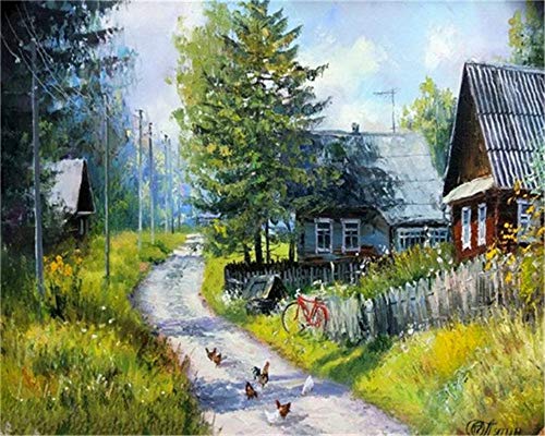 YEESAM ART Malen nach Zahlen für Erwachsene Anfänger Kinder, ruhiger Dorfweg Hahn 40,6 x 50,8 cm Leinenleinwand Acryl Stress weniger Zahlen Malerei Geschenke (Village, ohne Rahmen) von YEESAM ART