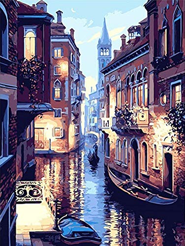 YEESAM ART Malen nach Zahlen für Erwachsene Kinder, Venedig Wasser Stadt Nachtansicht 40x50 cm Leinen Segeltuch, DIY ölgemälde Weihnachten Geschenke von YEESAM ART