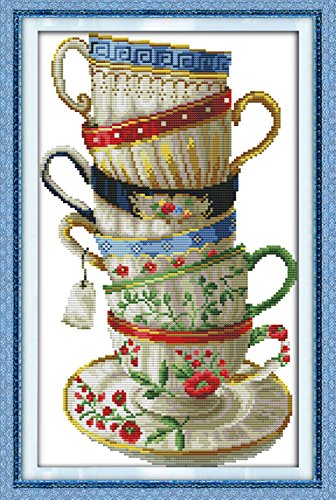 YEESAM ART Neu Kreuzstich Stickpackung - Elegant Kaffee Tasse 14 CT 28×42 cm DIY Stickerei Set Weiß Segeltuch - Kreuz Nähen Handarbeit Weihnachten Geschenke Cross Stitch Kit von YEESAM ART