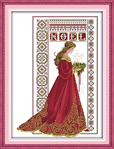 YEESAM ART Neu Kreuzstich Stickpackung - Engel Winter Roten Kleid Königin 14 CT 41×53 cm DIY Stickerei Set Weiß Segeltuch - Kreuz Nähen Handarbeit Weihnachten Geschenke Cross Stitch Kit von YEESAM ART