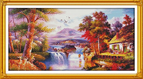 YEESAM ART Neu Kreuzstich Stickpackung - Goldene Landschaft Kulisse Malerei 14 CT 135×70 cm DIY Stickerei Set Weiß Segeltuch - Kreuz Nähen Handarbeit Weihnachten Geschenke Cross Stitch Kit von YEESAM ART