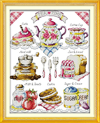 YEESAM ART Neu Kreuzstich Stickpackung - Hohe Tea Time Kaffee Kuchen Brot 14 CT 36×44 cm DIY Stickerei Set Weiß Segeltuch - Kreuz Nähen Handarbeit Weihnachten Geschenke Cross Stitch Kit von YEESAM ART