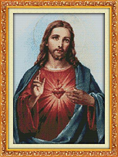 YEESAM ART Neu Kreuzstich Stickpackung - Jesus Heilig Herz 14 CT 34×47 cm DIY Stickerei Set Weiß Segeltuch - Kreuz Nähen Handarbeit Weihnachten Geschenke Cross Stitch Kit von YEESAM ART