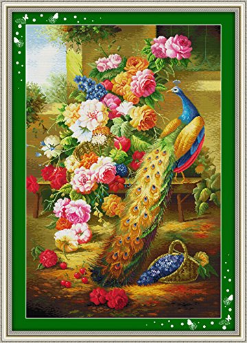 YEESAM ART Neu Kreuzstich Stickpackung - Reichtum und Ehre Pfau und Blumen 14 CT 66×95 cm DIY Stickerei Set Weiß Segeltuch - Kreuz Nähen Handarbeit Weihnachten Geschenke Cross Stitch Kit von YEESAM ART