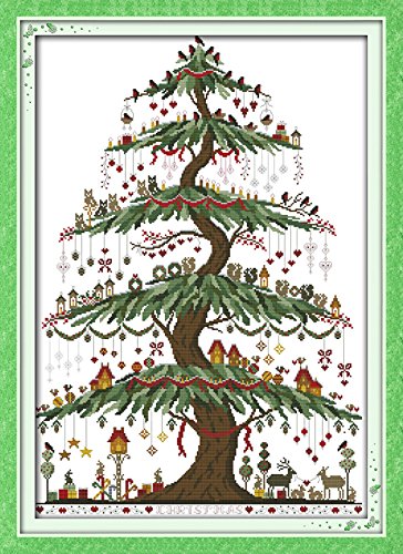 YEESAM ART Neu Kreuzstich Stickpackung - Xmas Weihnachten Baum 14 CT 48×66 cm DIY Stickerei Set Weiß Segeltuch - Kreuz Nähen Handarbeit Weihnachten Geschenke Cross Stitch Kit von YEESAM ART