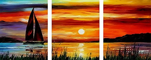 YEESAM ART Neuerscheinungen Malen nach Zahlen 3 teilig bilder für Erwachsene - Sonnenuntergang Meer Segelboot 16x20 Zoll Leinen Segeltuch - DIY ölgemälde ölfarben Weihnachten Geschenke von YEESAM ART