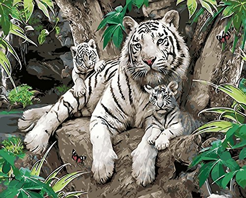 YEESAM ART Neuerscheinungen Malen nach Zahlen für Erwachsene Kinder - White Tiger und ihre Kinder 16 * 20 Zoll Leinen Segeltuch - DIY ölgemälde ölfarben Weihnachten Geschenke von YEESAM ART