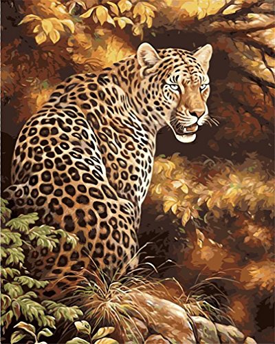 YEESAM ART Neuheiten Malen nach Zahlen Erwachsene Kinder, Tier, Leopard im Wald 40x50 cm Leinen Segeltuch, DIY ölgemälde Weihnachten Geschenke von YEESAM ART