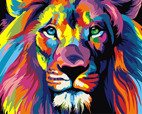 YEESAM ART Malen nach Zahlen für Erwachsene Anfänger Colourful Lion 40x50cm Leinen Leinwand Acryl DIY Zahlenmalsets Wandkunst Dekoration (mit Rahmen) von YEESAM ART