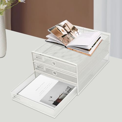 YEITBY Schreibtisch-Organizer-Set mit 3 Schubfächer, Netz-Aktenordner mit Schublade, Drahtgeflecht Büroablage, Metall-Papiersortierer für Briefe/A4, Büroordner, Weiß von YEITBY