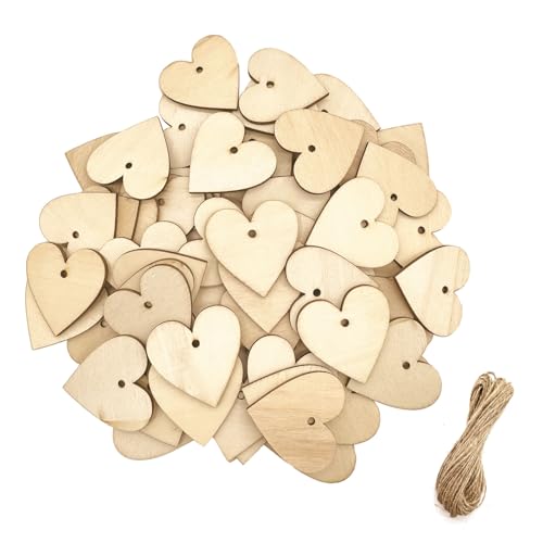 YEJAHY 100 Stück 4cm Holzherzen zum Basteln, DIY Handgemachtes HolzHerzen Deko mit 10m Hanfseil, Hochzeit Gästebuch Beschriften Party Tischdeko von YEJAHY