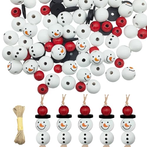 YEJAHY 120 Stück Schneemann Holzperlen, 20mm Schneemann-Gesicht Holzperlen mit 10m Hanfseil, für DIY Weihnachten Winter-Dekorationen (B) von YEJAHY