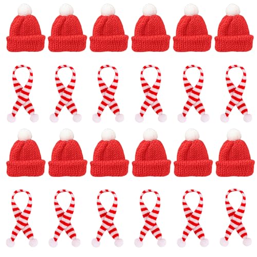 YEJAHY 24 Stück Mini-Weihnachtsmütze und Mini-Weihnachtsschal, Mini-Weihnachtsmannmütze, Mini-Strickmütze des Weihnachten, niedliches Weihnachtszubehör (Rot) von YEJAHY