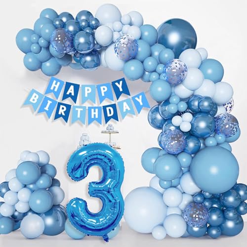 YEJIKJ Luftballons Blau 3 Geburtstag Deko, Blau Luftballon Girlande Set, Blau Luftballon 3. Geburtstag mit Latex Ballons Konfetti für Geburtstagsdeko 3 Jahre Junge Hochzeit Baby Shower Deko Babyparty von YEJIKJ