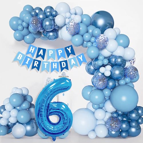 YEJIKJ Luftballons Blau 6 Geburtstag Deko, Blau Luftballon Girlande Set, Blau Luftballon 6. Geburtstag mit Latex Ballons Konfetti für Geburtstagsdeko 6 Jahre Junge Hochzeit Baby Shower Deko Babyparty von YEJIKJ