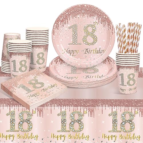 Rosegold Partygeschirr Set, 18. Rosegold Geburtstag Party Geschirr Pappteller Set, Tischdeko Geburtstag Mädchen mit Tischdecken Tassen Strohhalme Servietten für Geburtstagsdeko Mädchen Partys 16 Gäste von YEJIKJ