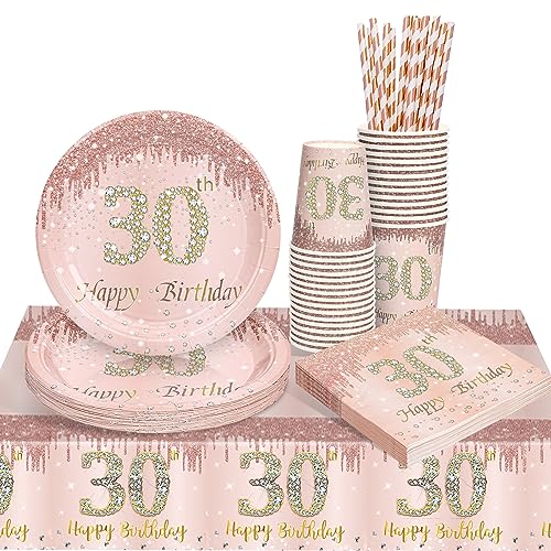 Rosegold Partygeschirr Set, 30. Rosegold Geburtstag Party Geschirr Pappteller Set, Tischdeko Geburtstag Mädchen mit Tischdecken Tassen Strohhalme Servietten für Geburtstagsdeko Mädchen Partys 16 Gäste von YEJIKJ