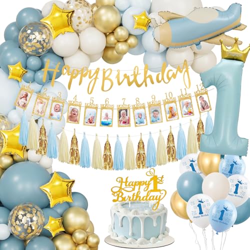 YEJIKJ 1. Geburtstag Junge Blau Luftballon, Geburtstagsdeko 1 Jahr Junge Luftballons Gold, Erster Geburtstag Junge Ballons Blau mit Happy Birthday Banner Deko Kindergeburtstag Deko von YEJIKJ