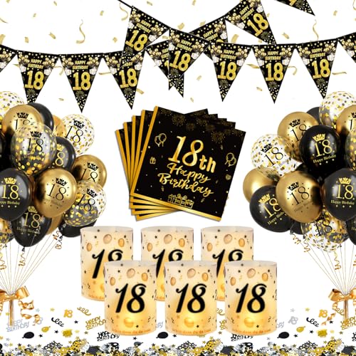 YEJIKJ Deko 18. Geburtstag Junge, 18 Geburtstag Tischdeko Mann Frauen,18. Schwarz Gold Geburtstag Deko Luftballons,18 Jahr Happy Birthday Partydekorationen Set mit Windlicht Konfetti Servietten Banner von YEJIKJ