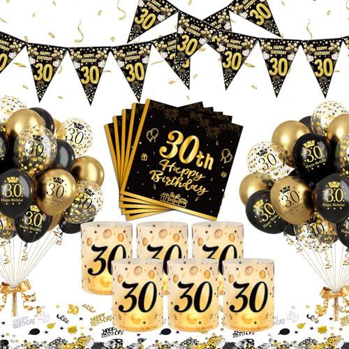 YEJIKJ Deko 30. Geburtstag Junge, 30 Geburtstag Tischdeko Mann Frauen,30. Schwarz Gold Deko Luftballons,30 Jahr Happy Birthday Partydekorationen Set mit Windlicht Konfetti Servietten Banner von YEJIKJ