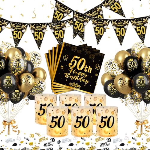 YEJIKJ Deko 50. Geburtstag Junge, 50 Geburtstag Tischdeko Mann Frauen,50. Schwarz Gold Geburtstag Deko Luftballons,50 Jahr Happy Birthday Partydekorationen Set mit Windlicht Konfetti Servietten Banner von YEJIKJ