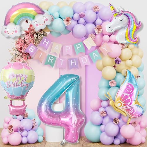 YEJIKJ Einhorn Luftballons 4 Geburtstag Dekorationen, Einhorn Party Dekorationen 4 Geburtstag Banner Einhorn Geburtstag Dekorationen mit 4 Geburtstag Banner Einhorn Geburtstagsdeko für Mädchen Jungen von YEJIKJ