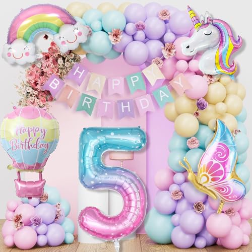 YEJIKJ Einhorn Luftballons 5 Geburtstag Dekorationen, Einhorn Party Dekorationen 5 Geburtstag Banner Einhorn Geburtstag Dekorationen mit 5 Geburtstag Banner Einhorn Geburtstagsdeko für Mädchen Jungen von YEJIKJ