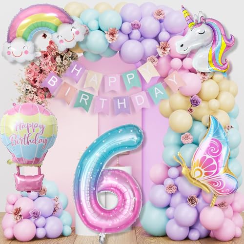 YEJIKJ Einhorn Luftballons 6 Geburtstag Dekorationen, Einhorn Party Dekorationen 6 Jahre Ballon Geburtstag Zahl 6 Ballon Einhorn, 6 Geburtstag Banner Einhorn Geburtstagsdeko für Mädchen Jungen von YEJIKJ