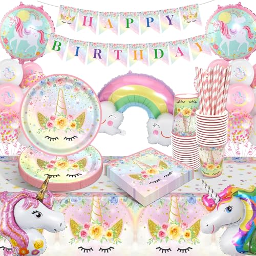 YEJIKJ Einhorn Partygeschirr Set, Regenbogen Geburtstag Deko Partygeschirr, Einhorn Geburtstag Party Geschirr Set, Kindergeburtstag Pappgeschirr Set mit Einhorn Luftballon für Geburtstagsdeko(16 Gäste von YEJIKJ