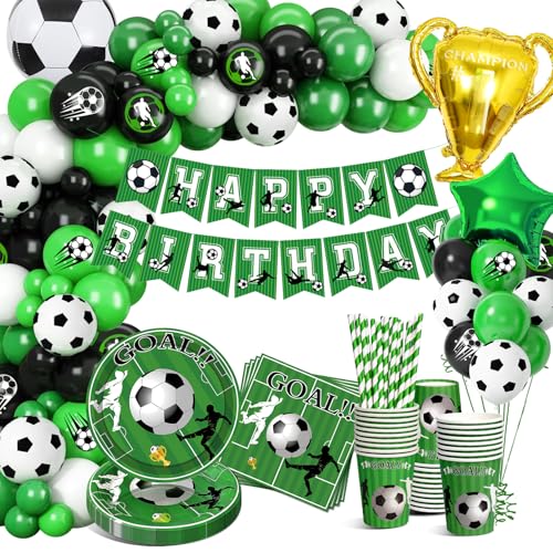 YEJIKJ Fußball Party Dekorationen Partygeschirr Set, Fussball Deko Geburtstag Kinder, Fussball Partygeschirr Pappteller Grün Servietten für 16 Gäste, Mädchen Junge Mottoparty Grün Folienballon von YEJIKJ