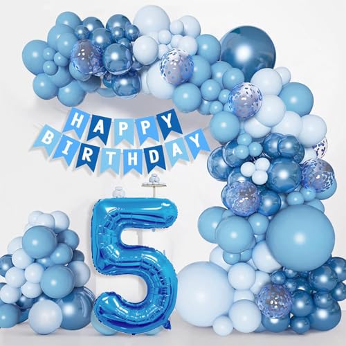 YEJIKJ Luftballons Blau 5 Geburtstag Deko, Blau Luftballon Girlande Set, Blau Luftballon 5. Geburtstag mit Latex Ballons Konfetti für Geburtstagsdeko 5 Jahre Junge Hochzeit Baby Shower Deko Babyparty von YEJIKJ