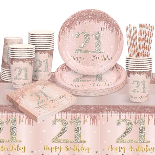 YEJIKJ Rosegold 21 Geburtstag Partygeschirr Set, 21. Rosegold Geburtstag Party Geschirr Pappteller Set, Tischdeko Geburtstag Mädchen mit Tischdecken Servietten für Geburtstagsdeko Partys(16 Gäste) von YEJIKJ