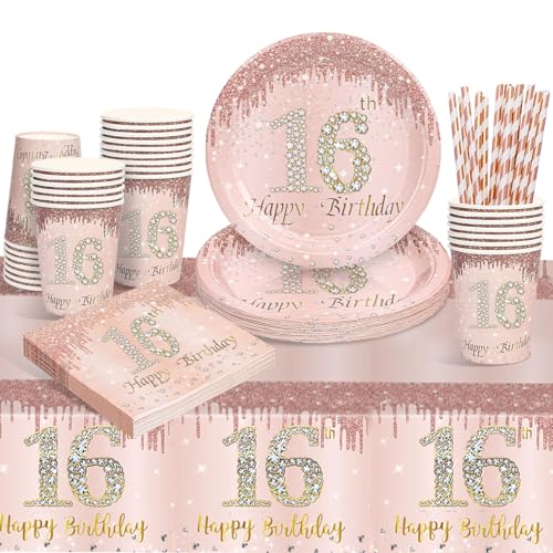 YEJIKJ Rosegold Partygeschirr Set, 16. Rosegold Geburtstag Party Geschirr Pappteller Set, Tischdeko Geburtstag Mädchen mit Tischdecken Strohhalme Servietten für Geburtstagsdeko Mädchen Partys 16 Gäste von YEJIKJ