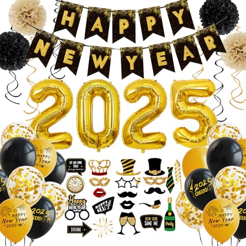 YEJIKJ Silvester Deko 2025 Partyzubehör Set, Silvester Deko 2025 Dekoration Set, Happy New Year Neujahrsdeko mit Fotorequisiten Konfetti Ballons 2025 Silvesterpartydeko Accessoire für Silvesterparty von YEJIKJ