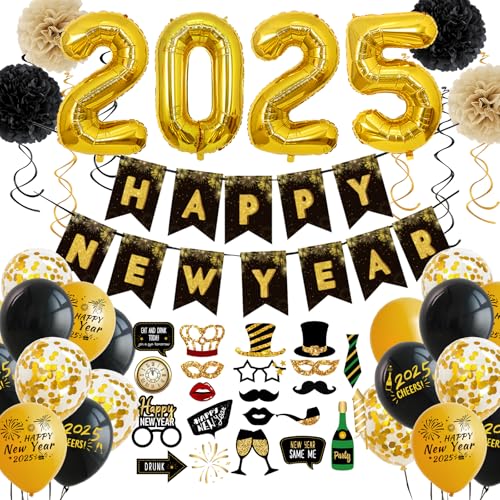 YEJIKJ Silvester Deko 2025 Partyzubehör Set, Silvester Deko 2025 Dekoration Set, Happy New Year Neujahrsdeko mit Fotorequisiten Konfetti Ballons 2025 Silvesterpartydeko Accessoire für Silvesterparty von YEJIKJ