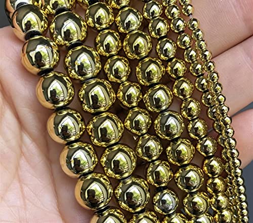 YELVQI Naturstein Glatte Goldfarbe Hämatit Runde Perlen Natürliche lose Steinperlen für Schmuck DIY Machen Armbandzubehör 15 '' 3 4 6 8 10mm (Color : 10mm (Approx 36pcs)) von YELVQI