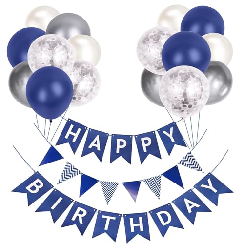 Luftballons Geburtstag Dekoration Set, Marineblau Silber Geburtstagsdeko Happy Birthday deko Banner Party Deko Geburtstag Set mit Luftballons Dreiecksflaggen Girlanden（Marineblau+PT） von YELYAN