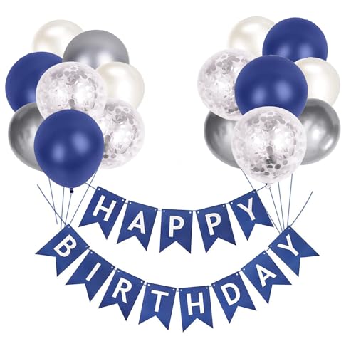 Luftballons Geburtstag Dekoration Set, Marineblau Silber Geburtstagsdeko Happy Birthday deko Banner Party Deko Geburtstag Set mit Marineblau Silber Latex Luftballons Konfetti Ballons（Marineblau） von YELYAN