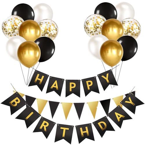 Luftballons Geburtstag Dekoration Set, Schwarz Gold Geburtstagsdeko Happy Birthday deko Banner Party Deko Geburtstag Set mit Luftballons Konfetti Ballons Dreiecksflaggen Girlanden（BK&GD+PT) von YELYAN