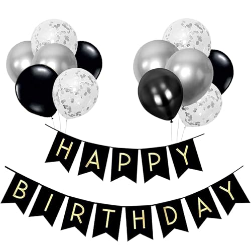 Luftballons Geburtstag Dekoration Set, Schwarz Silber Geburtstagsdeko Happy Birthday deko Banner Party Deko Geburtstag Set mit Schwarz Silber Happy Birthday Luftballons Konfetti Ballons（BK+SR） von YELYAN